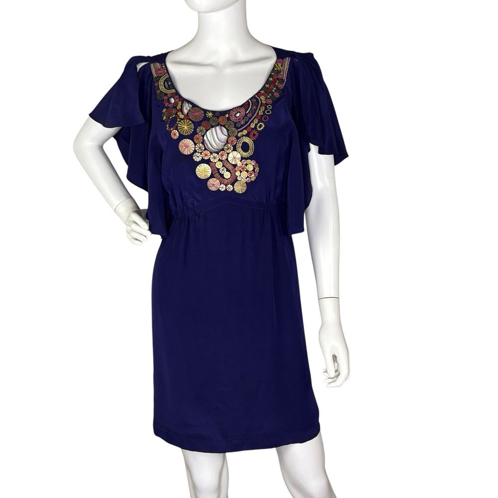 Yoana Baraschi 100% Silk Dress Embroidered Metal Bohemian Blue Size 6